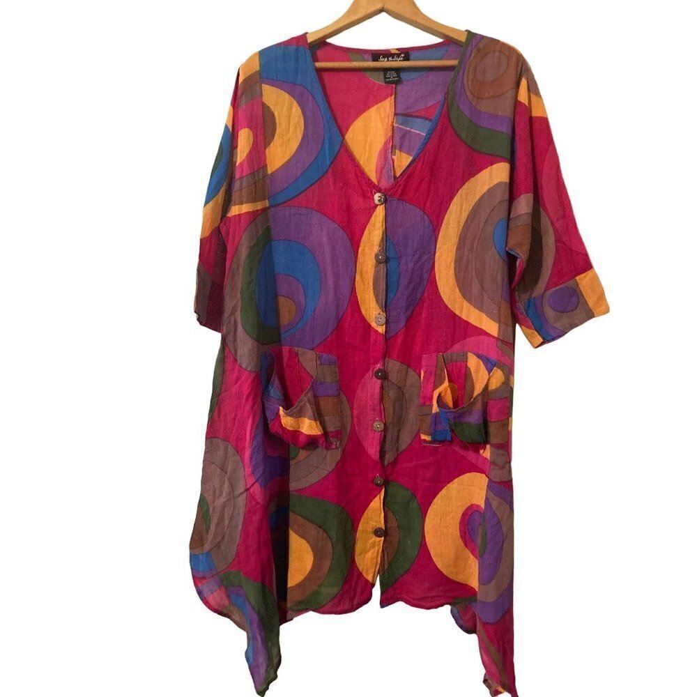 Step In Style Dress Womens MED Pink Purple Abstract Art Buttons Pockets Cover Up